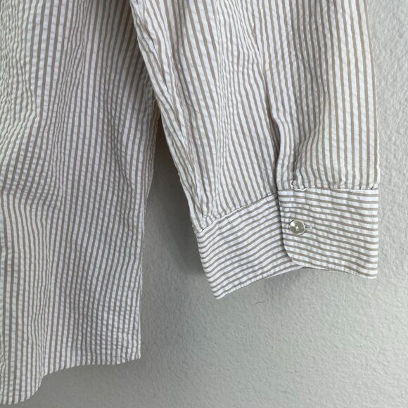 LL Bean Womens XL Seersucker Button Up Shirt Tan Striped 3/4 Sleeve Blouse - Picture 10 of 11